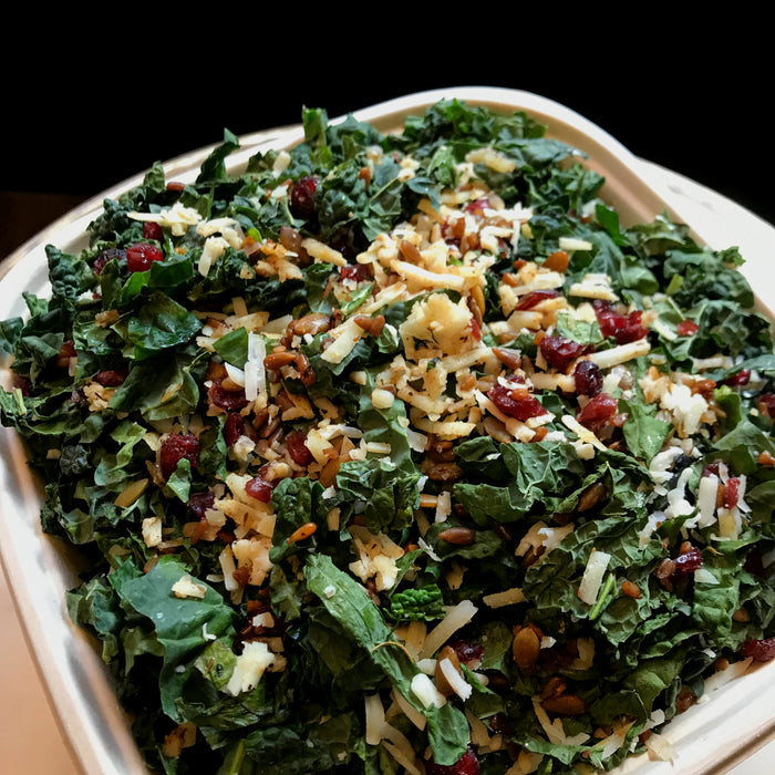 Close up of the Kale Manchego salad with no dressing. 